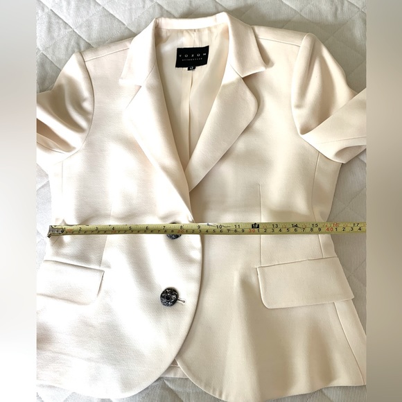 Creamy beige wool tuxedo style blazer black beaded buttons long sleeves & cuffs - Picture 14 of 16